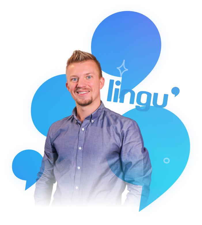 Odd Bjerga, founder of Lingu, in front of the Lingu logomark